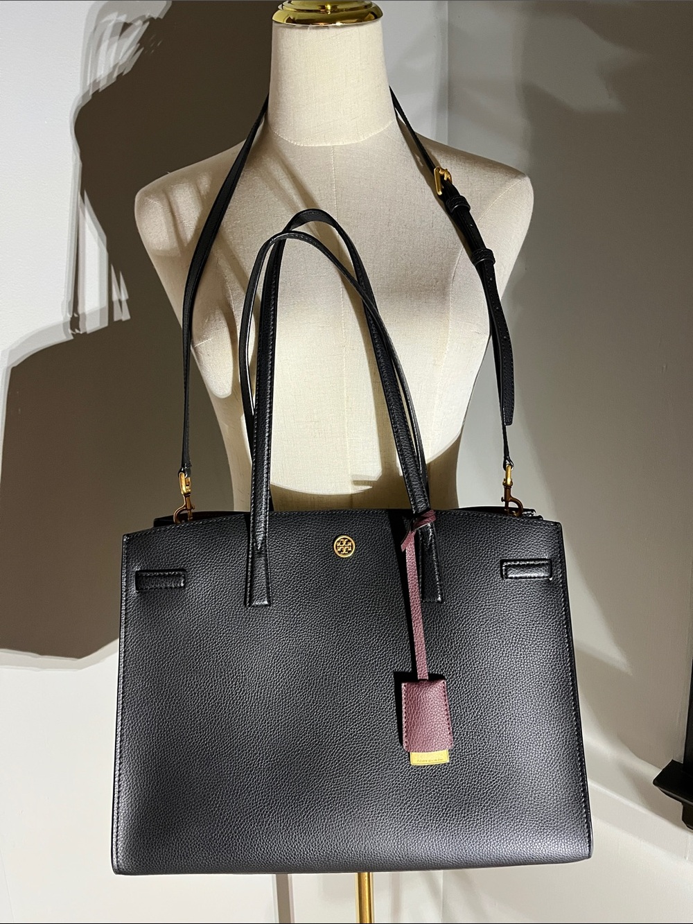 Tory Burch Black Leather Tote with Burgundy Tag